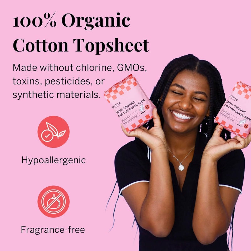 Pixie Cup Pixie Organic Cotton Ultra Thin Large Pads for Women - Extra Heavy Absorbency with Wings - Leak-Proof, Hypoallergenic & Unscented for Feminine Care - Compostable, Biodegradable - 12 Count - Image 2